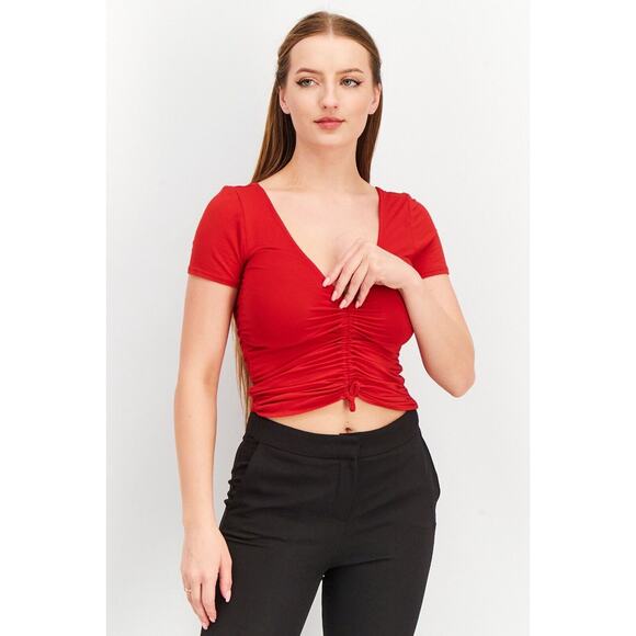 Forever 21 Womens Ruched Cropped Top Small Red V Neck T Shirt Short Sleeve Sexy - Picture 2 of 7